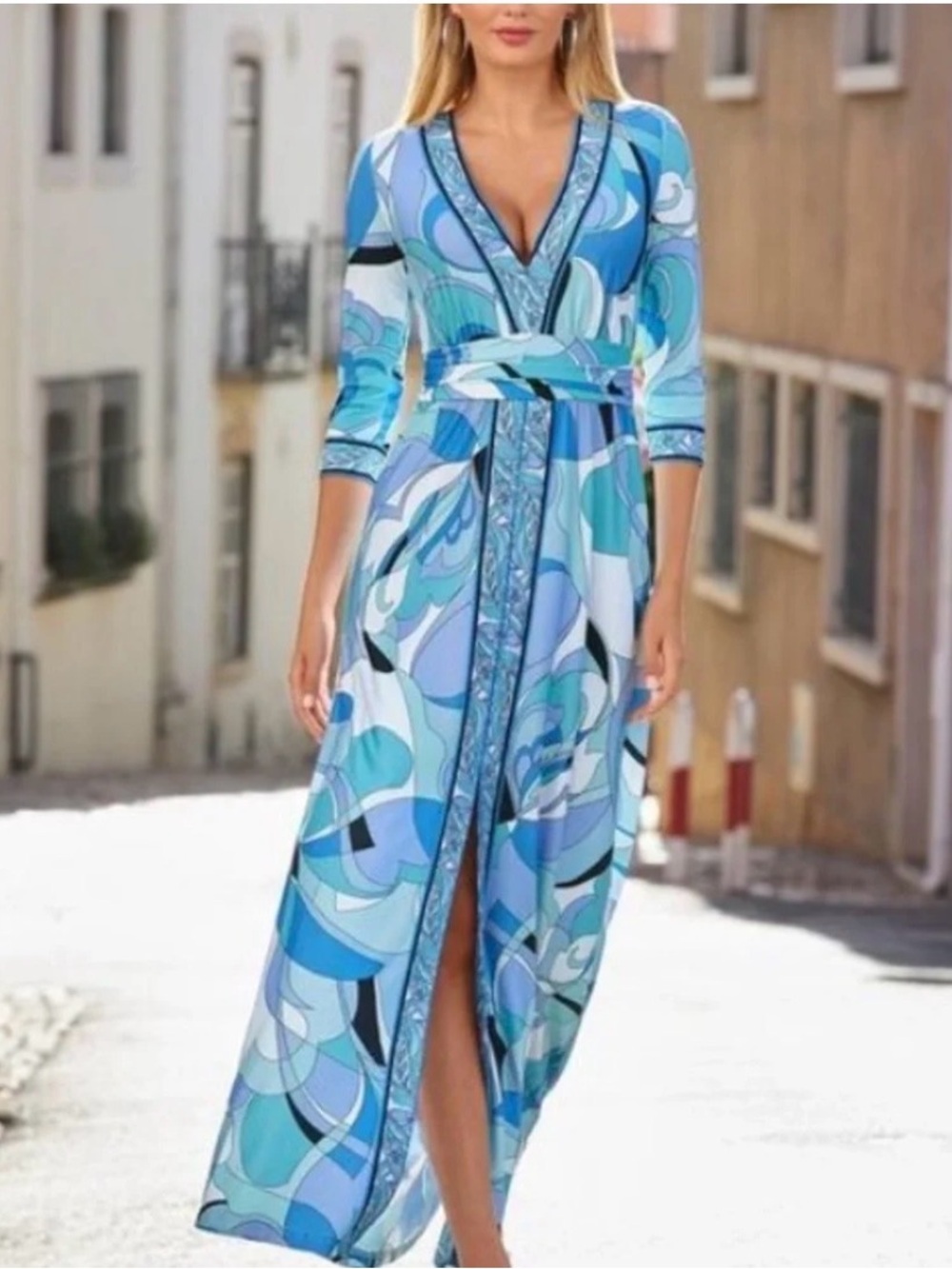 Boston Proper Blue Abstract Print Maxi Wrap Dress NWOT XS